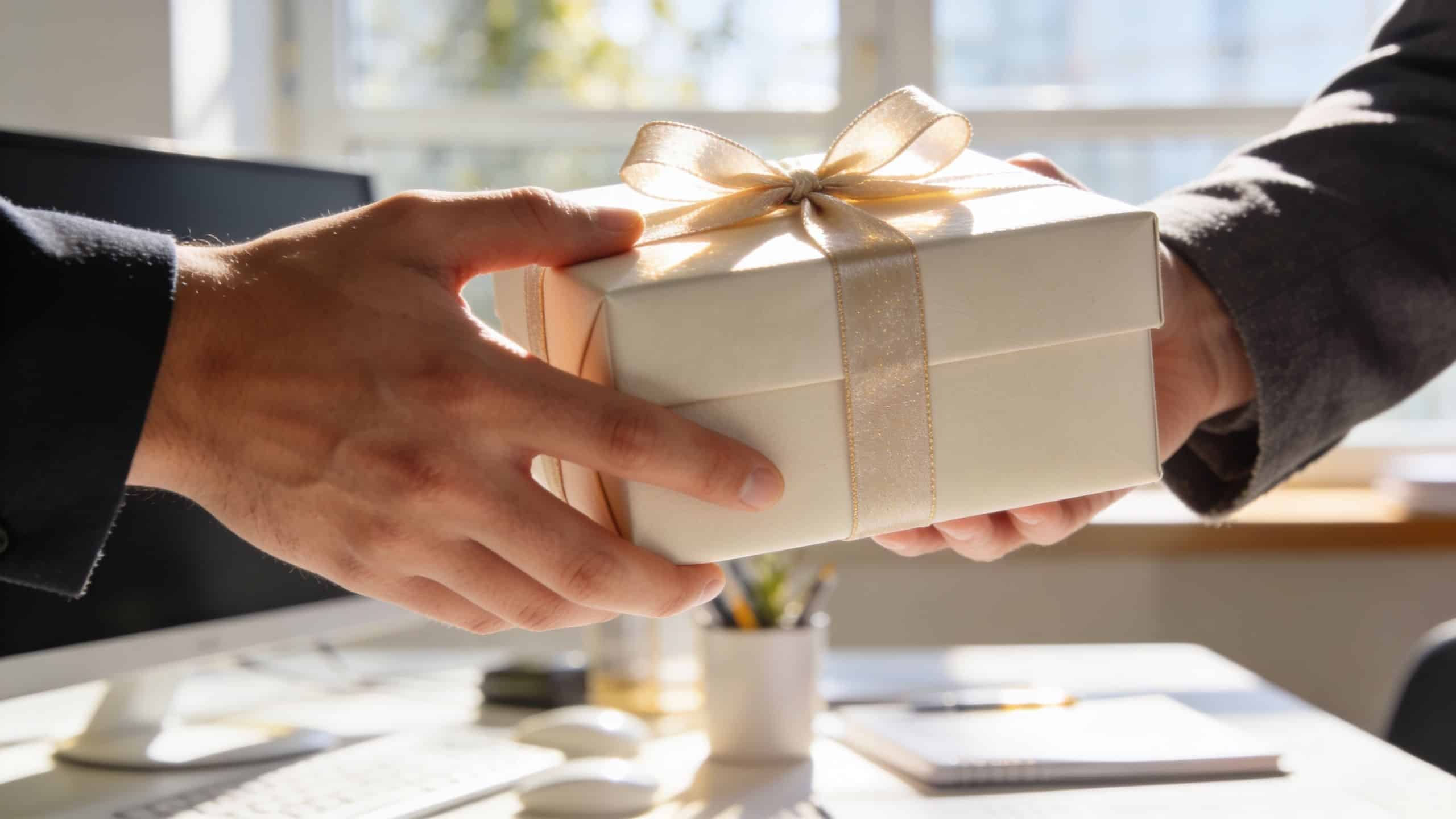 A close-up view of two hands exchanging a beautifully wrapped gift box in an office environment