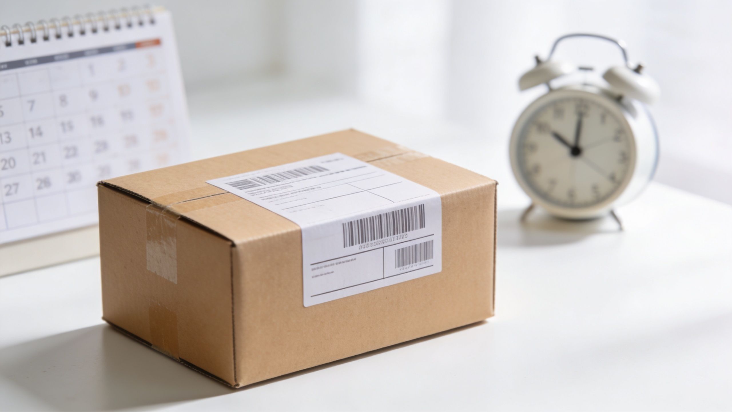 A small cardboard shipping box sits on a white desk next to a calendar and alarm clock.