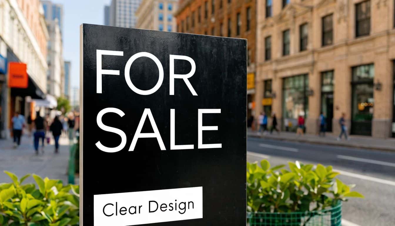 A black real estate for sale sign on a city sidewalk with blurred buildings and pedestrians.
