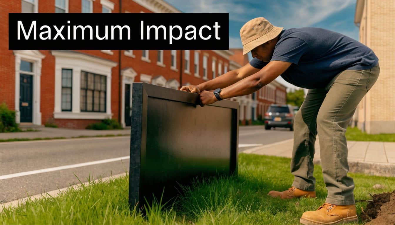 A man wearing a bucket hat and work boots installs a black real estate sign outdoors.