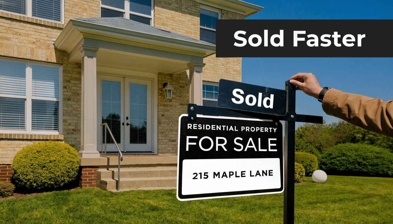 A hand placing a sold sign on a for sale post in front of a residential house.