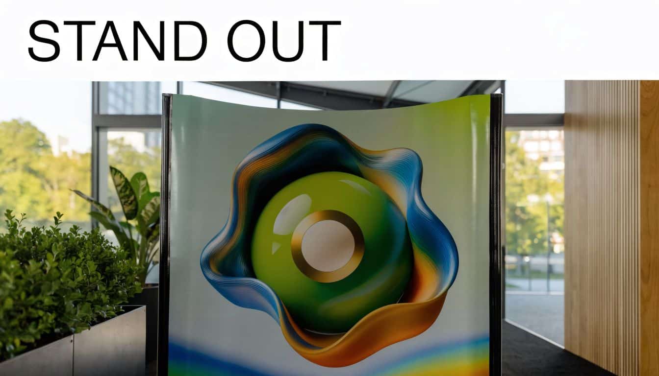 A large roll-up banner featuring a glossy 3D abstract sphere design placed in a modern office lobby.