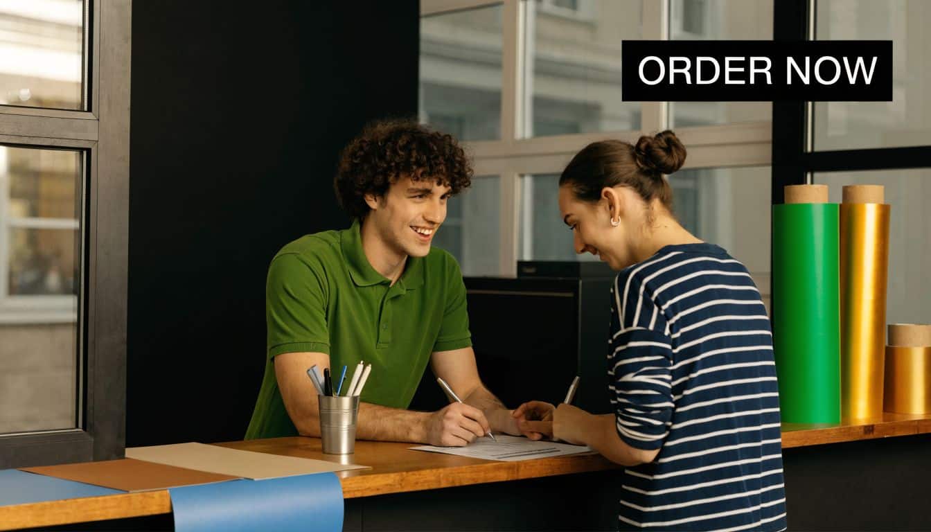 A young man helping a customer fill out a document for a custom printing service order.