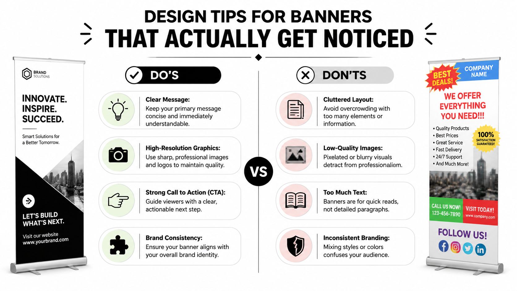 An infographic comparing effective design practices versus poor design choices for roll up banner advertisements.