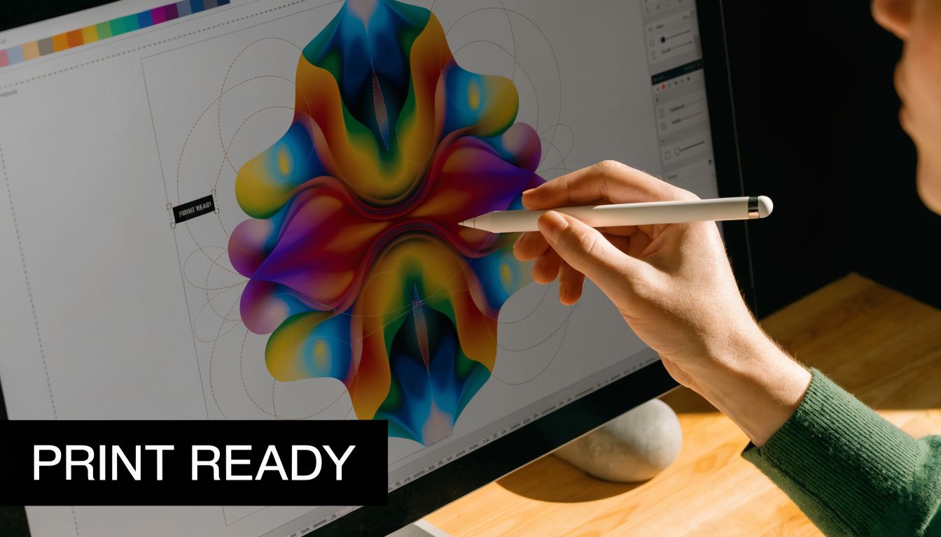 A professional graphic designer working on a colorful digital illustration using a stylus on a computer screen.