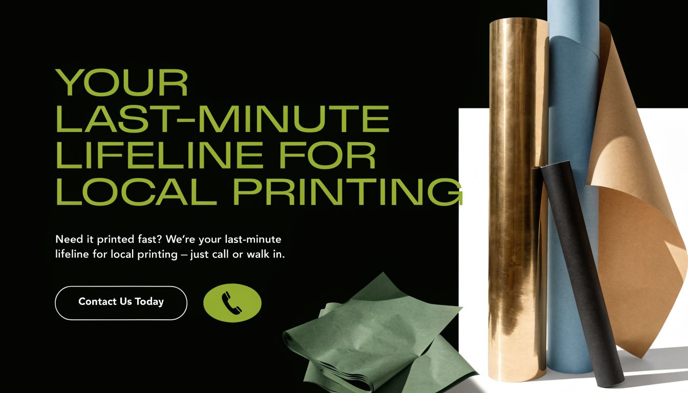 A graphic design advertisement for urgent local printing services featuring paper rolls and a contact button.