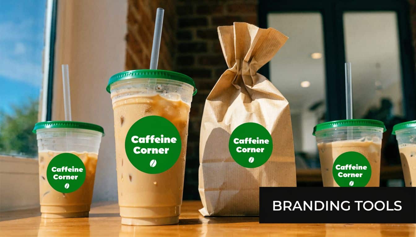 Several iced coffee drinks and a paper bag featuring the Caffeine Corner logo sticker branding.