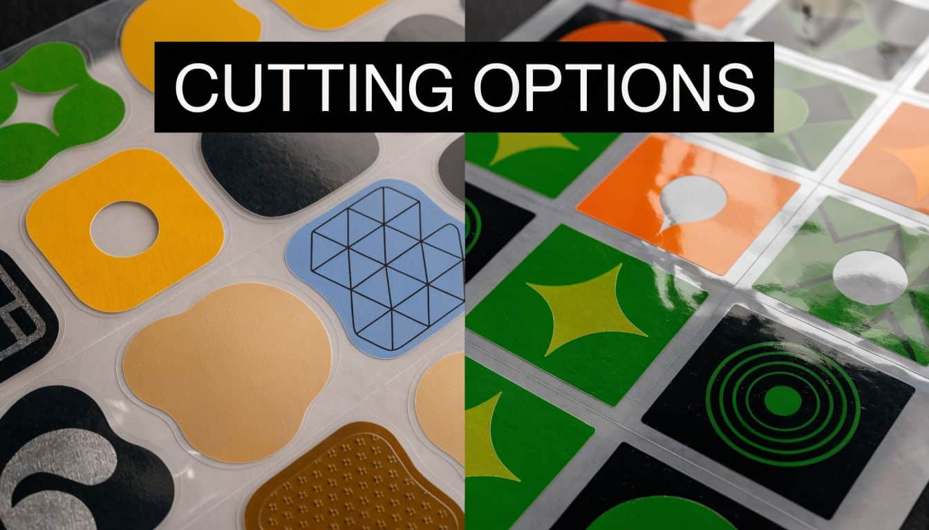 A close-up view of various custom printed stickers with diverse shapes and patterns arranged on sheets.