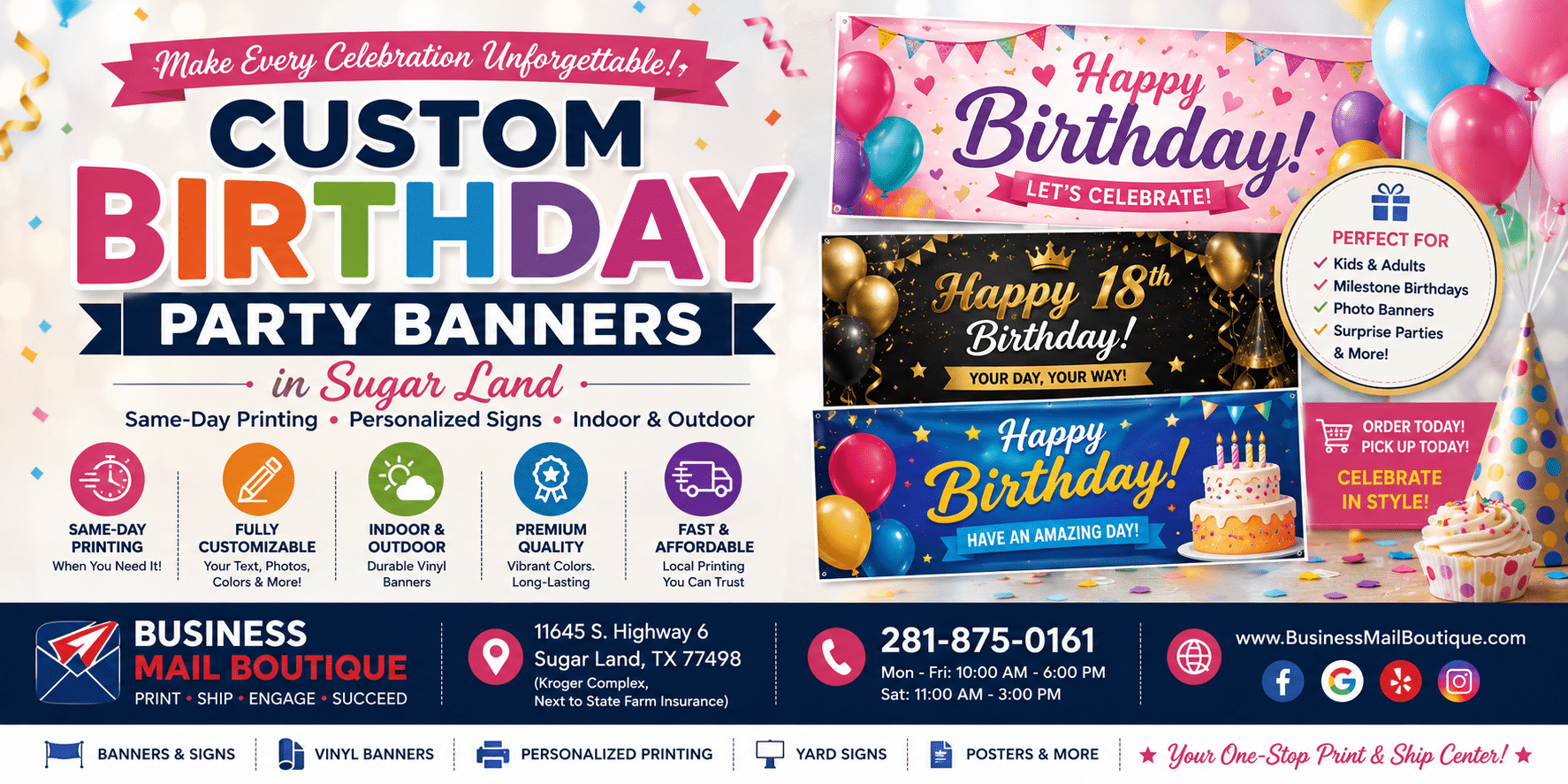 Custom Birthday Party Banners Sugar Land Same-Day Printing Personalized Signs