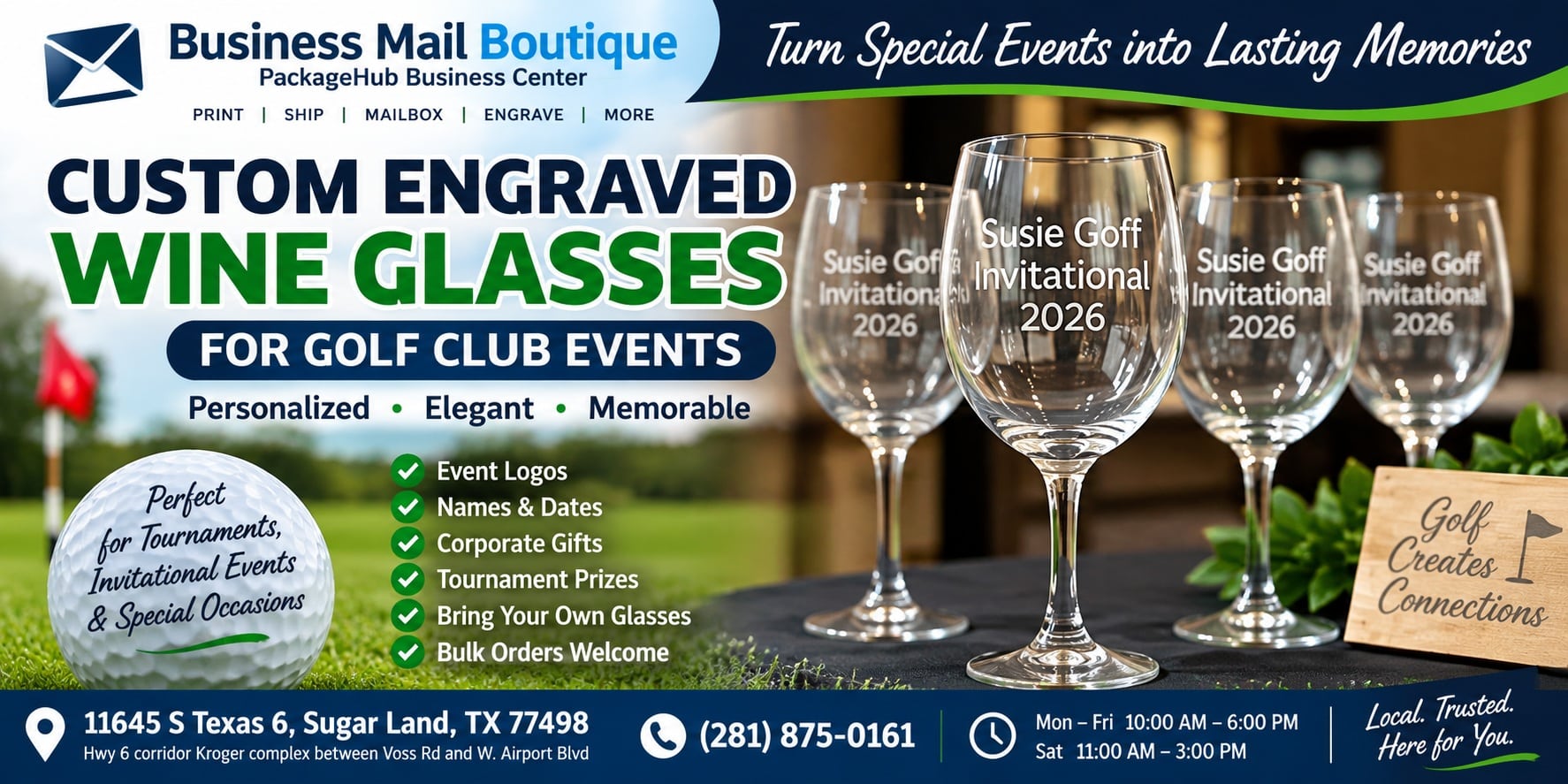Custom engraved wine glasses for Susie Goff Invitational 2026 golf club event completed by Business Mail Boutique in Sugar Land, TX.