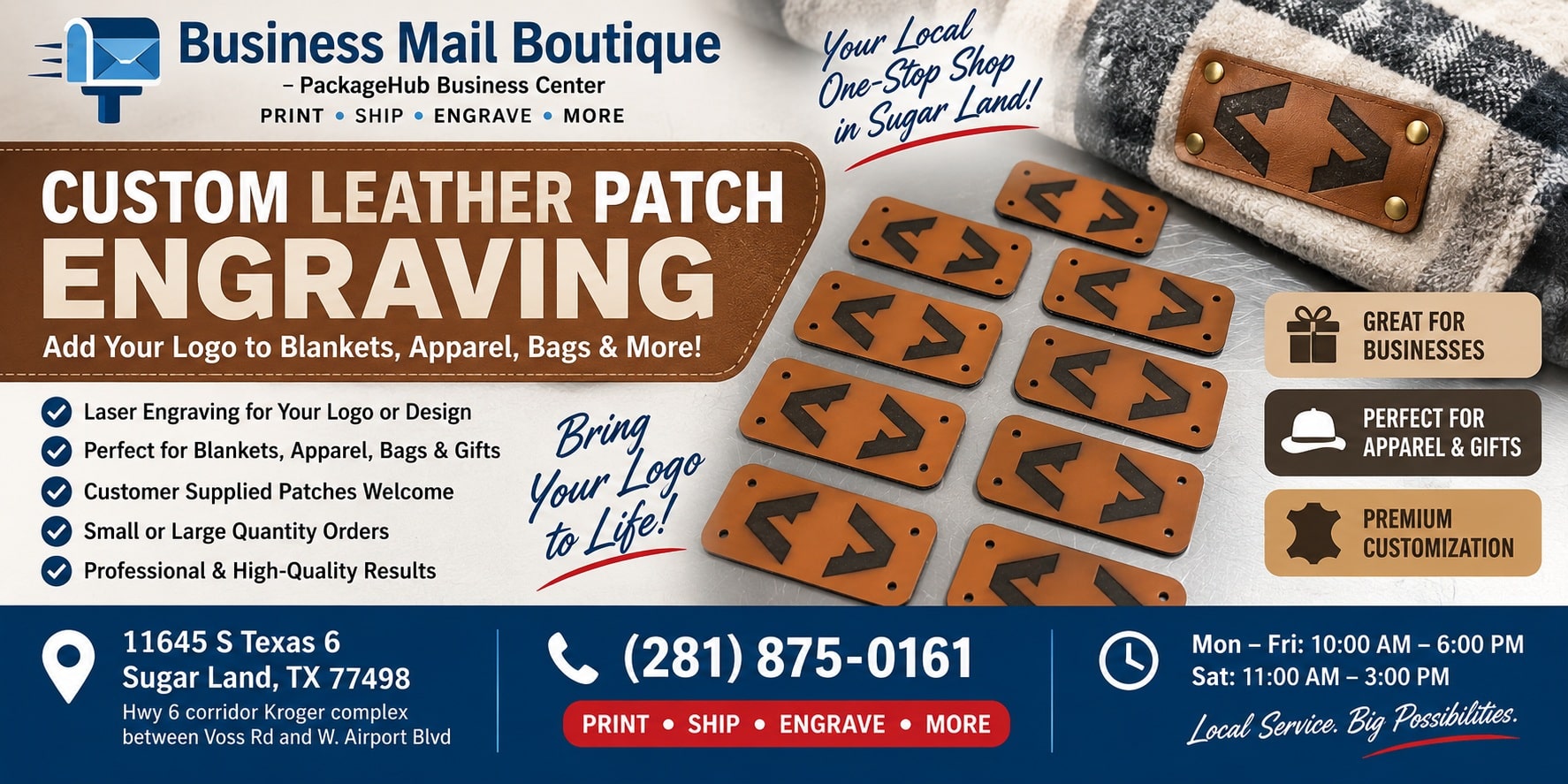 Generate landscape banner for the blogpage with the CORRECT business mail boutique in sugar land contact information.