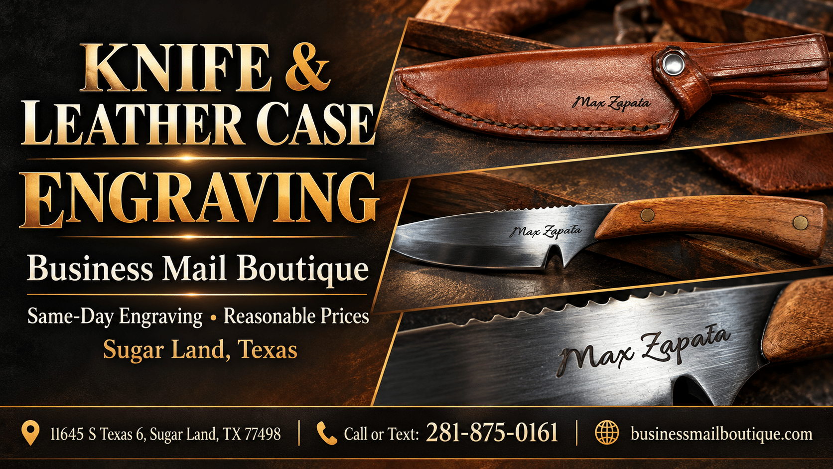 Custom knife and brown leather case engraved with matching names at Business Mail Boutique in Sugar Land, Texas