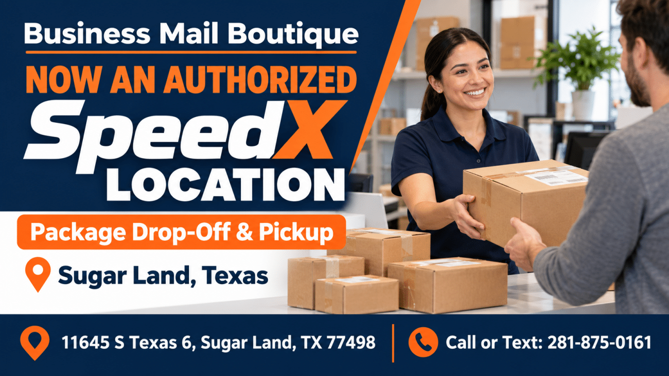 usiness Mail Boutique announces authorized SpeedX package drop-off and pickup at 11645 S Texas 6, Sugar Land, TX 77498; call or text 281-875-0161.